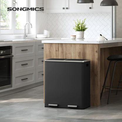 SONGMICS Dual Trash Can, 16 Gallon Stainless Steel Rubbish Bin, Black