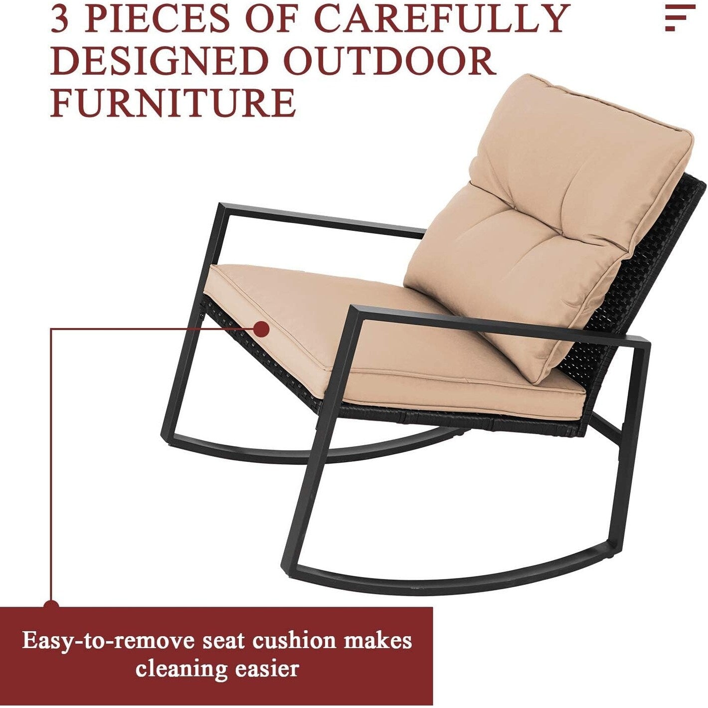 SUNCROWN 3-Piece Black Metal Outdoor Patio Rocking Bistro Set