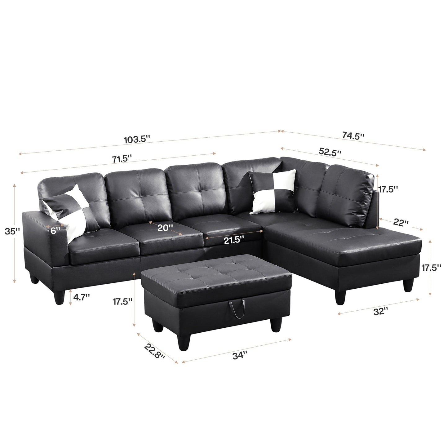 Semi PU Synthetic Leather 3-Piece Couch Living Room Sofa Set
