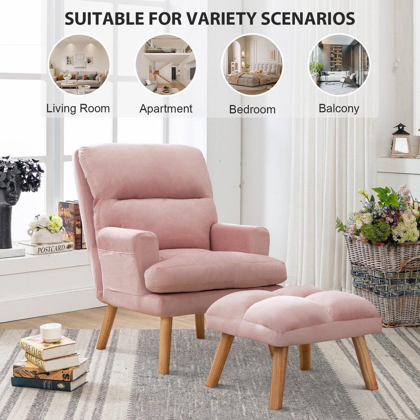 Soft Fabric Casual Living Room Armchair With Adjustable Backrest And Legs Stool