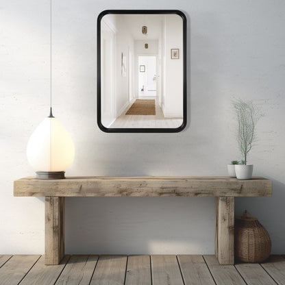 Round Corner Rectangle Farm Wall Mirror with Solid Wood Frame
