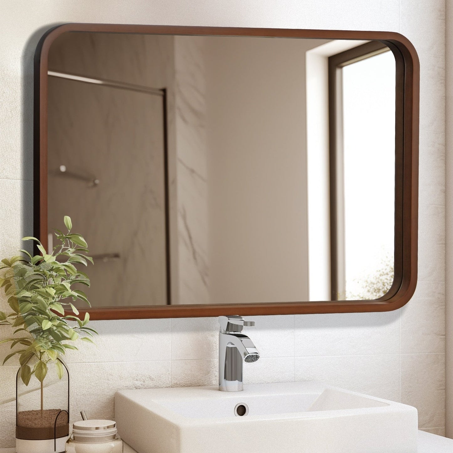 Round Corner Rectangle Farm Wall Mirror with Solid Wood Frame