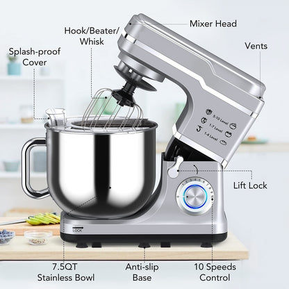 Stand Mixer - 7.5QT Capacity, 10-Speed Settings, 660W Motor