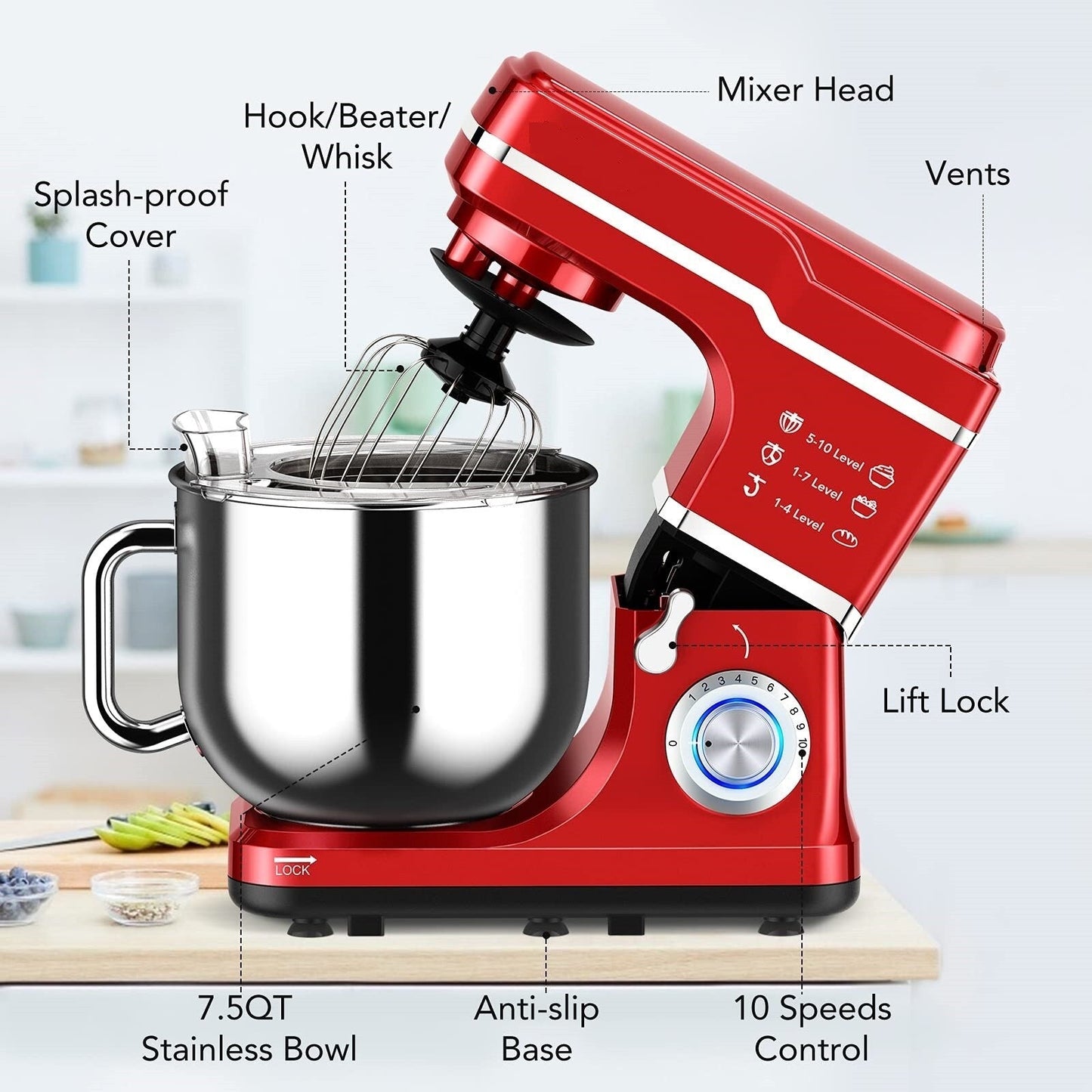Stand Mixer - 7.5QT Capacity, 10-Speed Settings, 660W Motor