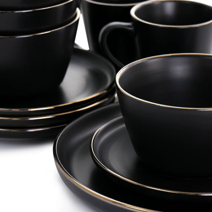 Stoneware Dinnerware 16 Piece Set in Black with Gold Rim