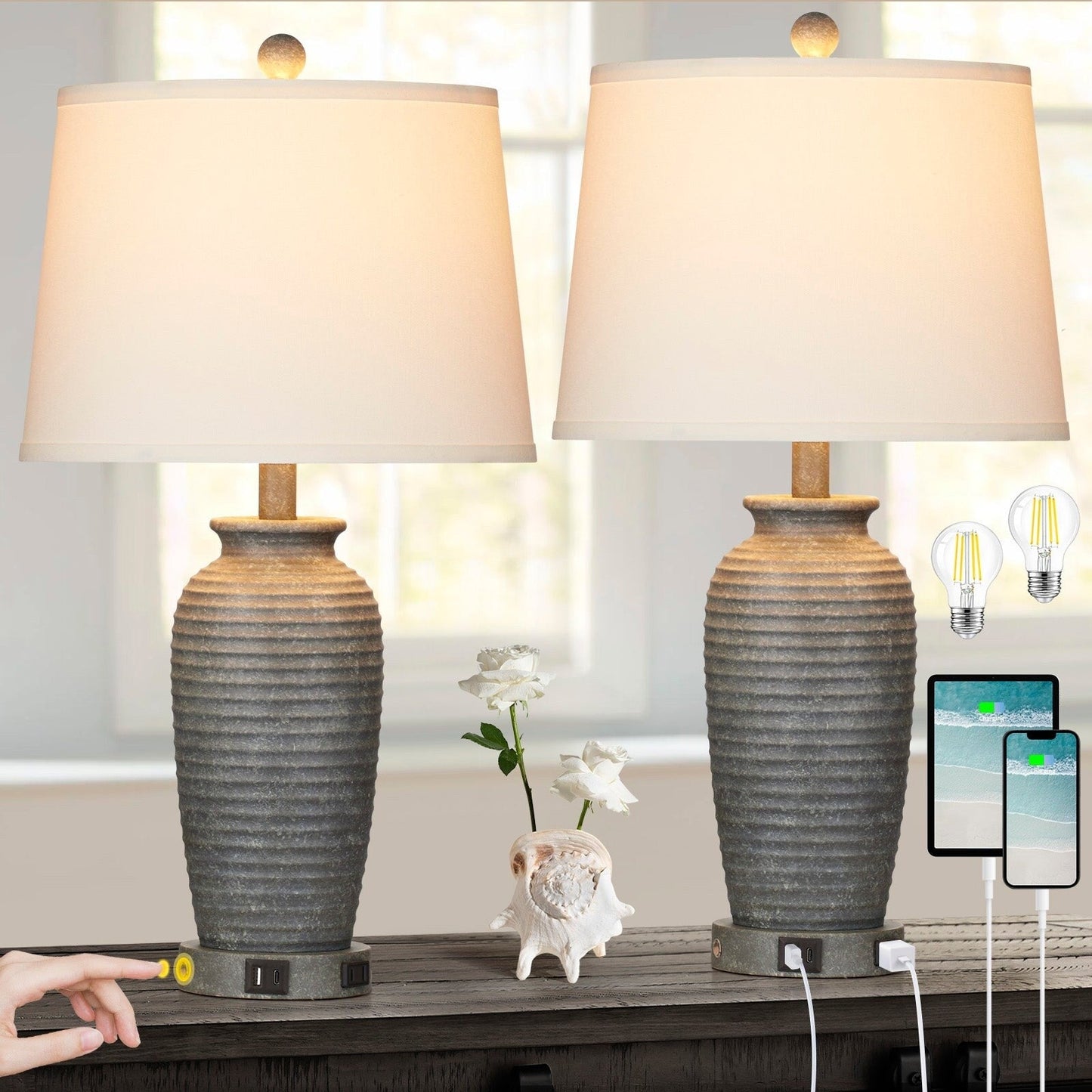 Grey Resin Table Lamps with 3-way Touch Dimming Switch USB Charging Port and AC Outlet (Set of 2)