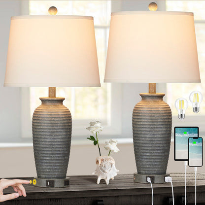Grey Resin Table Lamps with 3-way Touch Dimming Switch USB Charging Port and AC Outlet (Set of 2)