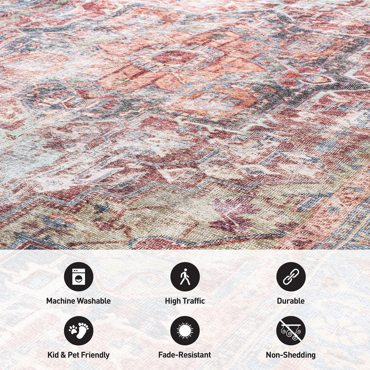 Traditional Distressed Machine Washable Area Rug