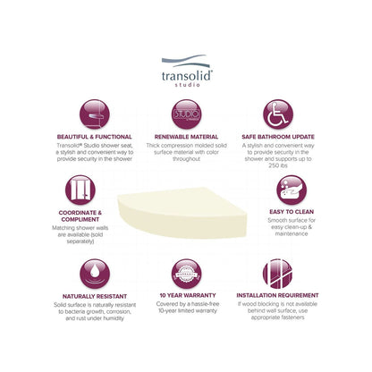 Transolid Studio 14-In X 14-In Solid Surface Wall-Mount Corner Shower Seat - 14.5 x 14.25 x 3