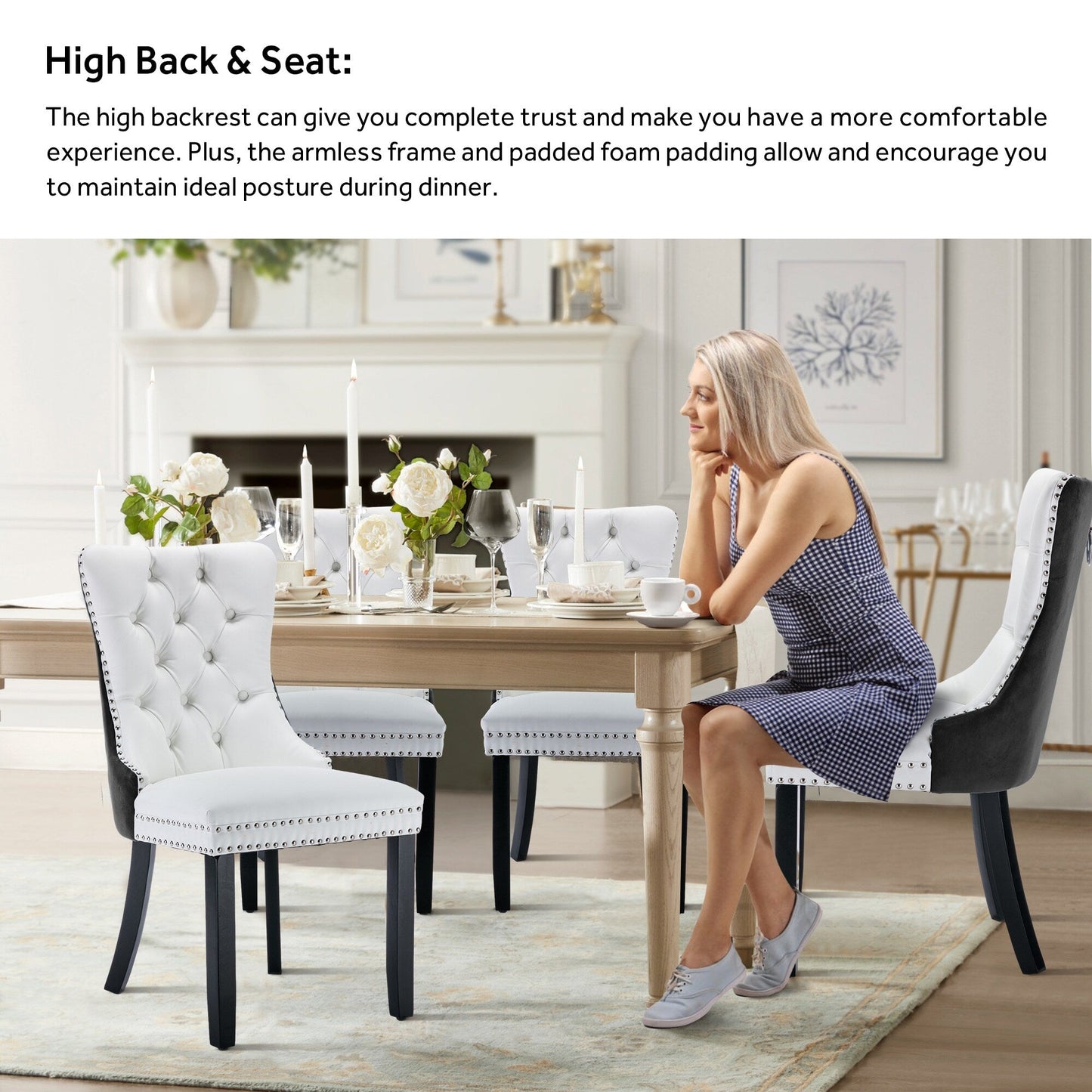 Upholstered Tufted Velvet Dining Chair with Solid Wood Legs Set of 6