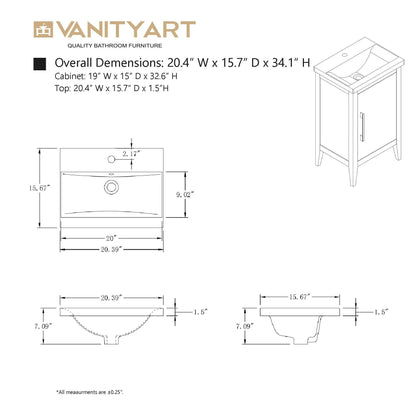 Vanity Art 20 or 24 or 30 Single Sink Bathroom Vanity Cabinet with Ceramic Top