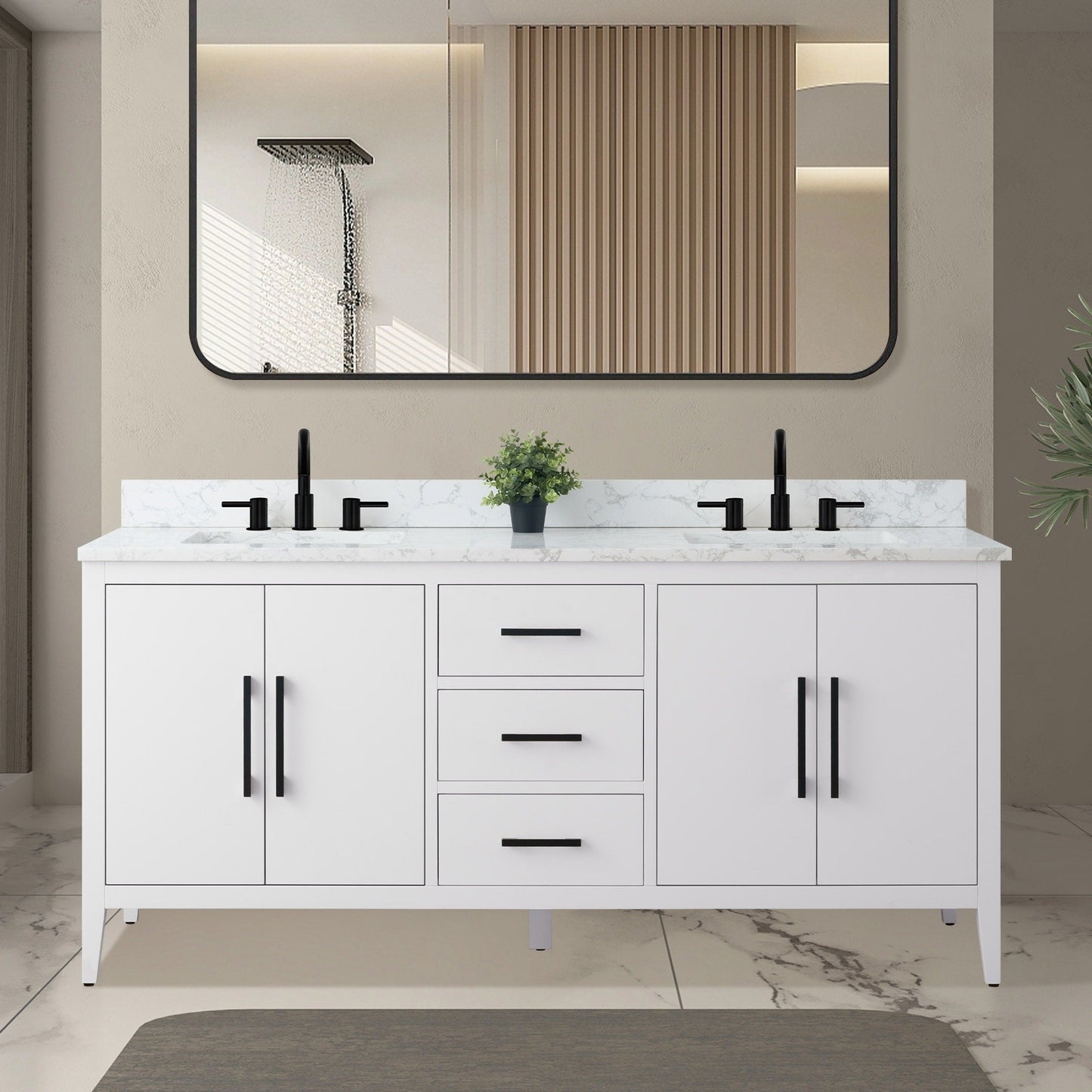 Vanity Art 72 Double Sink Bathroom Vanity Cabinet with Engineered Marble Top