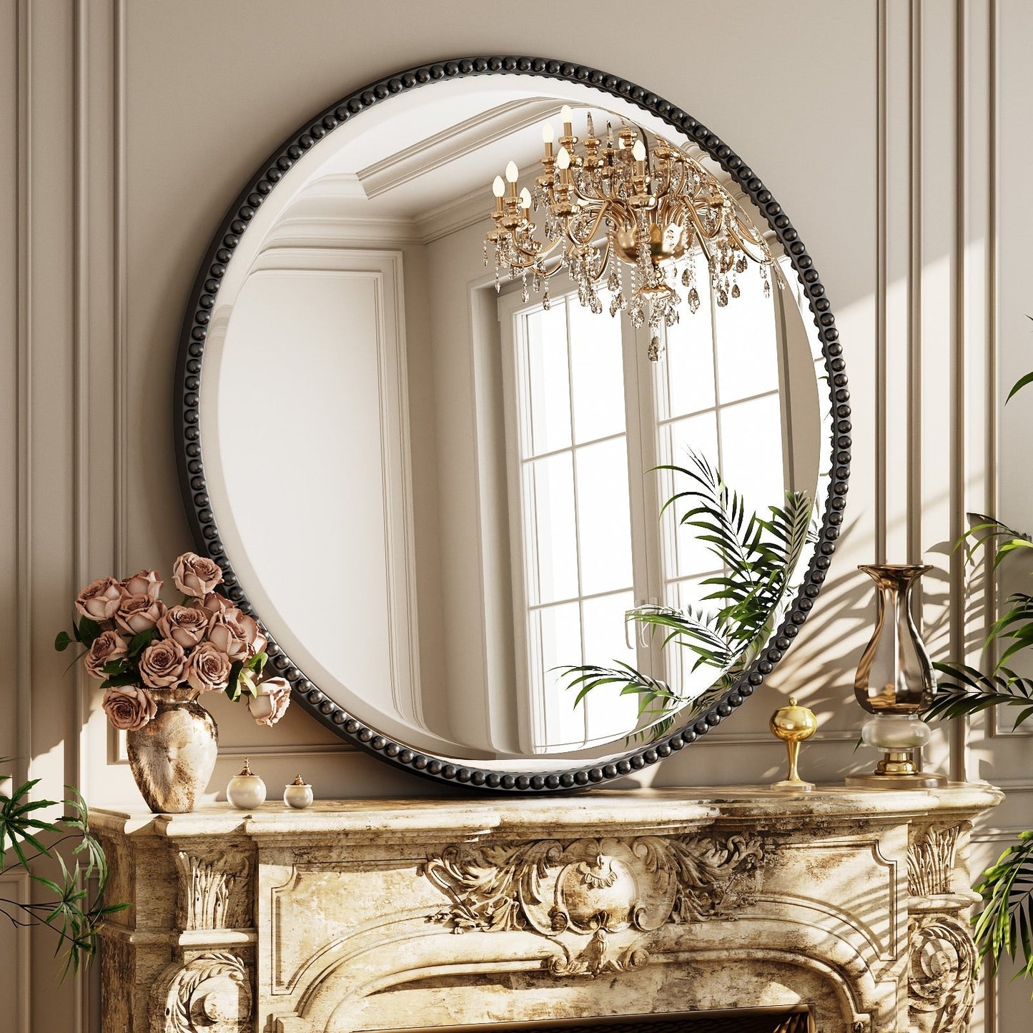 Vintage Round Bathroom Mirror with Beaded Frame