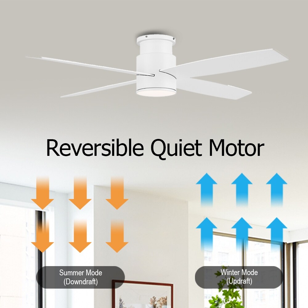 WINGBO 44/52 Inch Flush Mount DC Ceiling Fan with Lights and Remote, 4 Reversible Blades