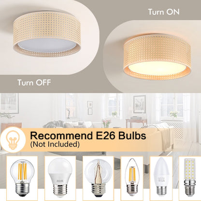 WINGBO Modern 3-Light Flush Mount Ceiling Light Fixture with Rattan & Fabric Double Drum Shade