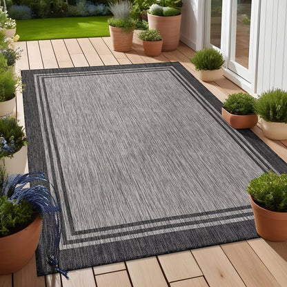 Washable Bordered Indoor Outdoor Rug for Patio, Deck, Porch