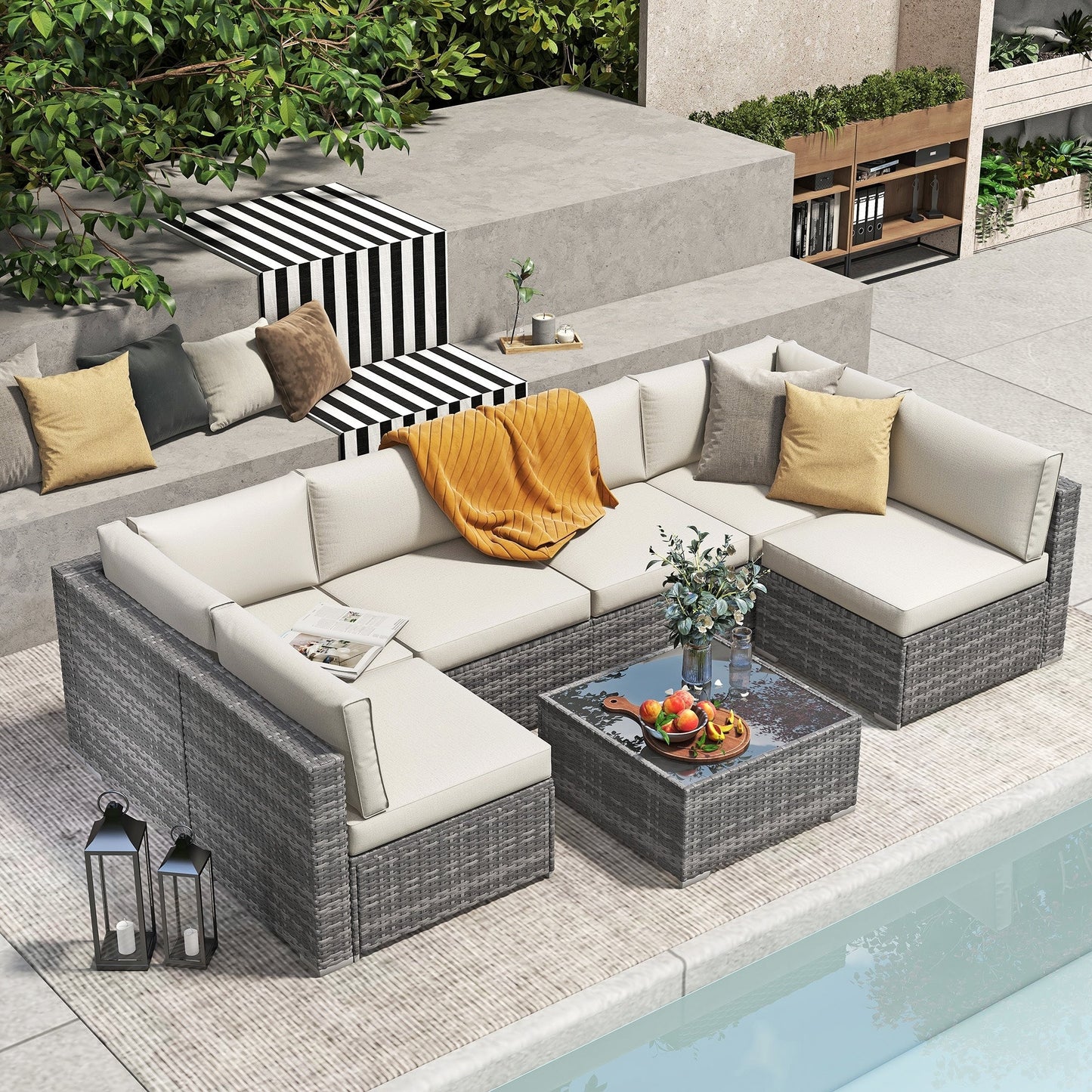 Wicker/ Steel 7-piece Outdoor Cushioned Sectional Sofa Set
