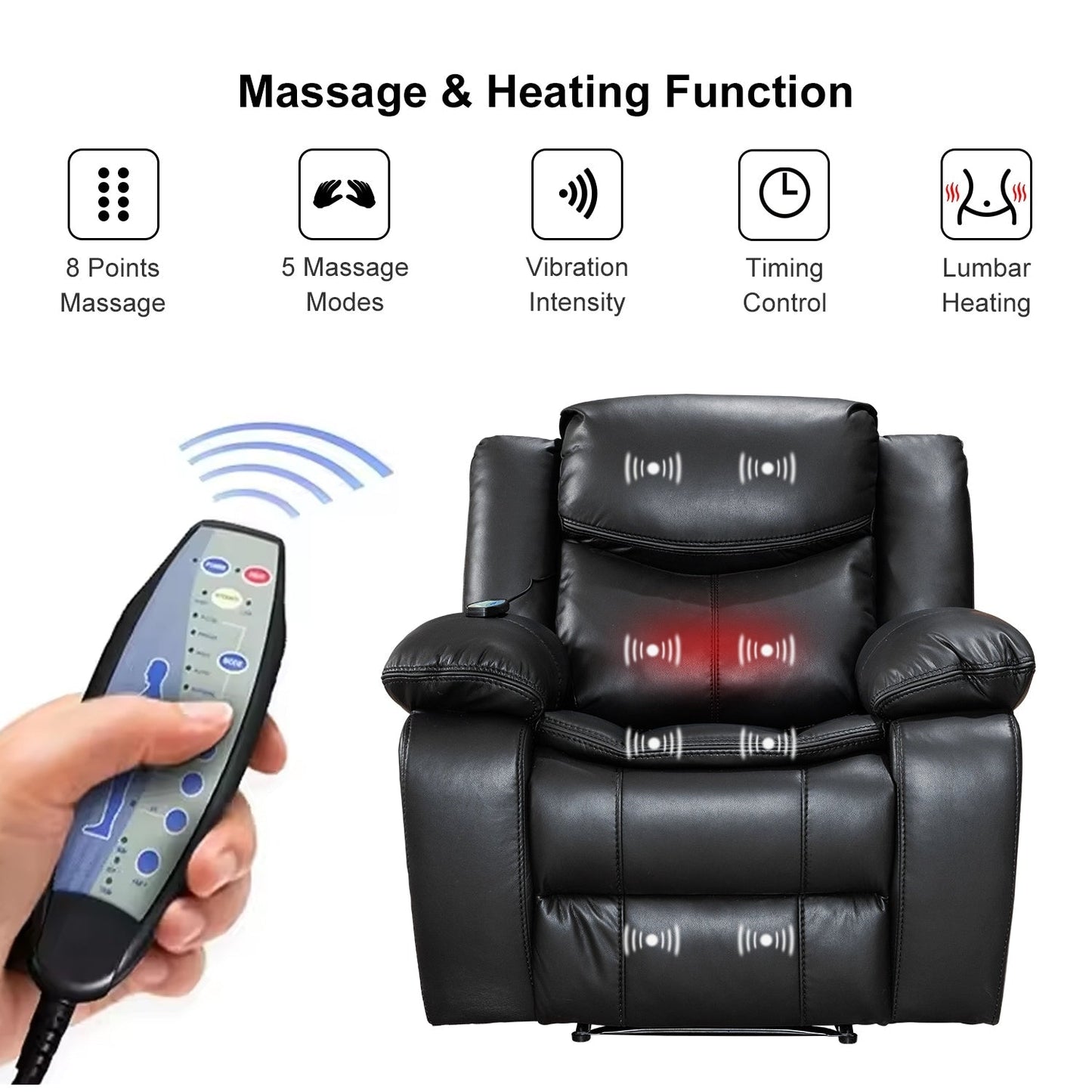 Wide Seat Durable Leather Massage and Heat Recliner