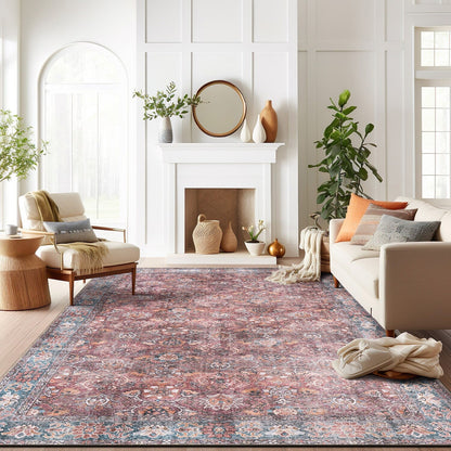 World Rug Gallery Transitional Bordered Vintage Machine Washable Non Slip Area Rug