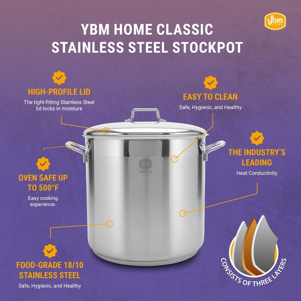 YBM Home Professional Chef's 18/10 Stainless Steel Stock Pot, Induction Compatible
