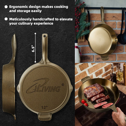 iLiving Seasoned Modern Heirloom Mirror Polished Cast Iron Skillet Pan 12 (2.7/3.7L)